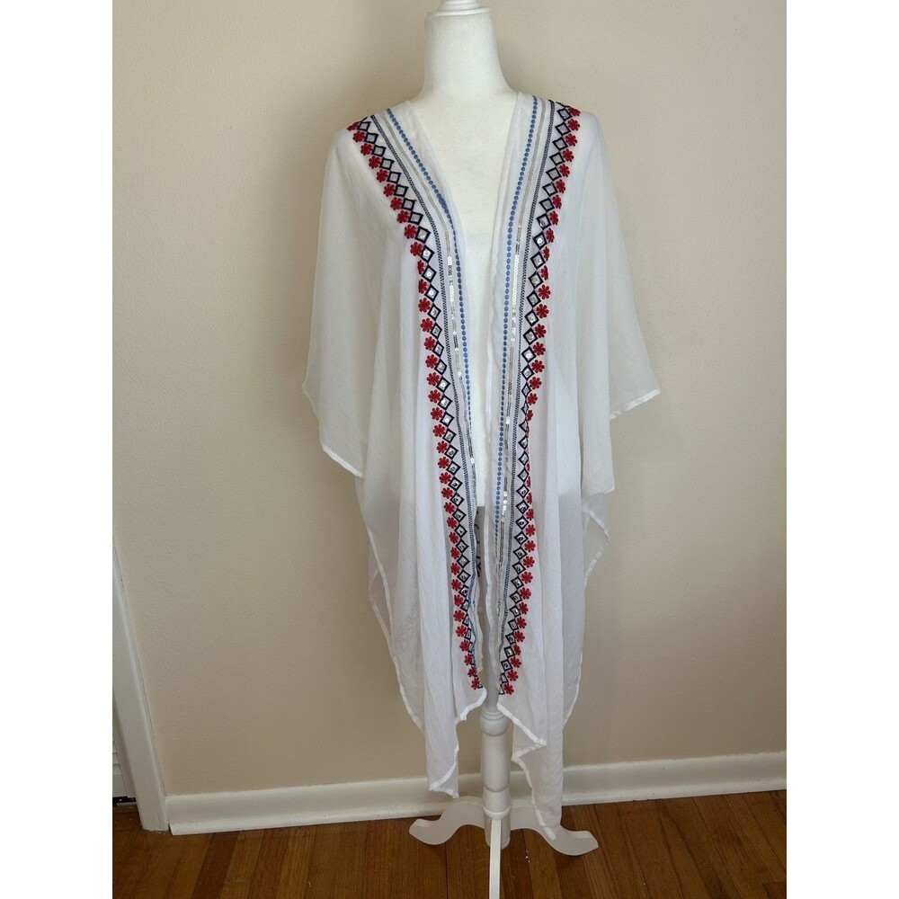 Betsey Johnson Women’s White Chiffon Border Kimono Tunic Beach Cover-up One Size